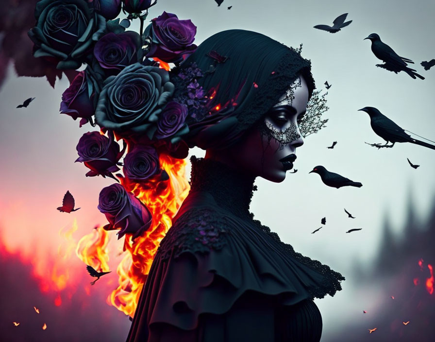 Surreal portrait of woman with flaming shoulder and birds in red sky