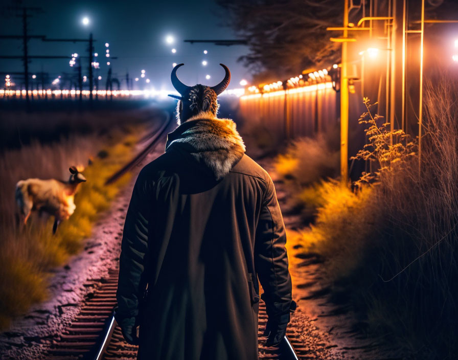 Person in horned mask walks with dog on railway track at night