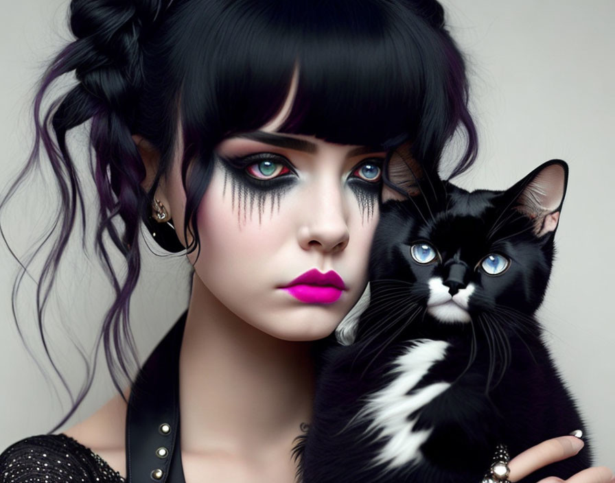 Woman and black cat with matching eye colors in striking makeup pose together.