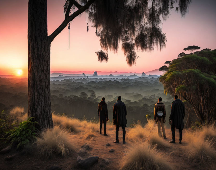 Four adventurers admire stunning sunrise over misty mountains and tree.