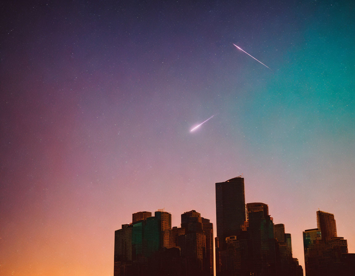 City skyline with skyscrapers and meteor streaks against starry sky