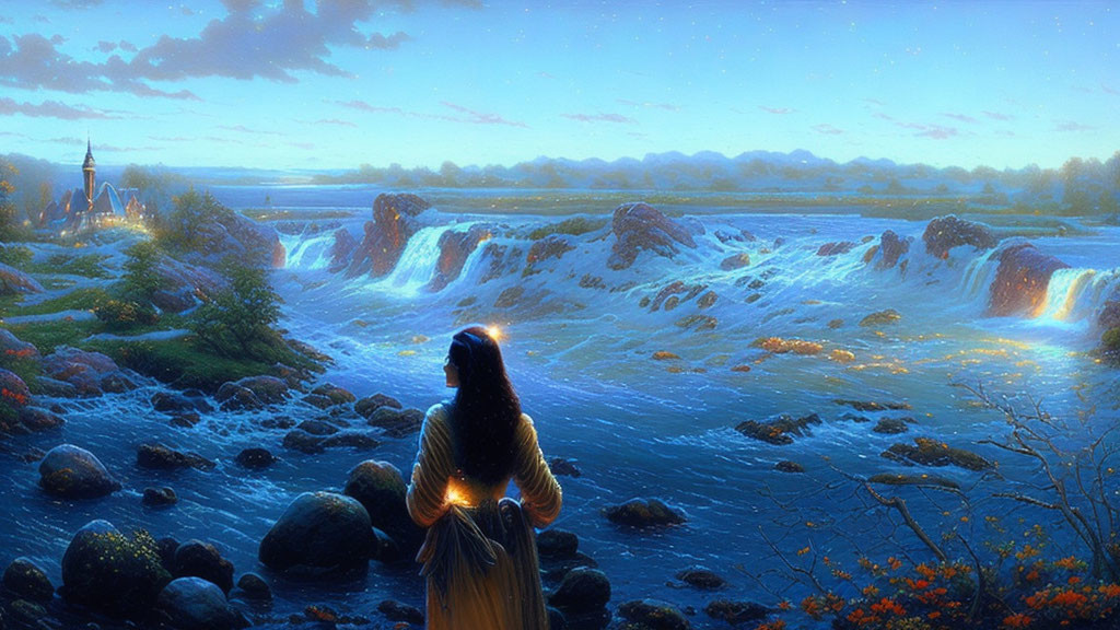 Woman admiring waterfall and castle at twilight