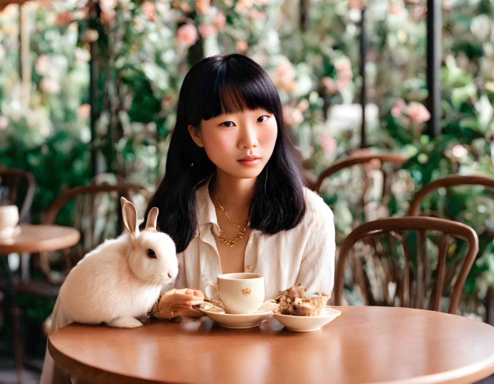 Woman with white rabbit, cookies, and tea set at cafe table in lush setting