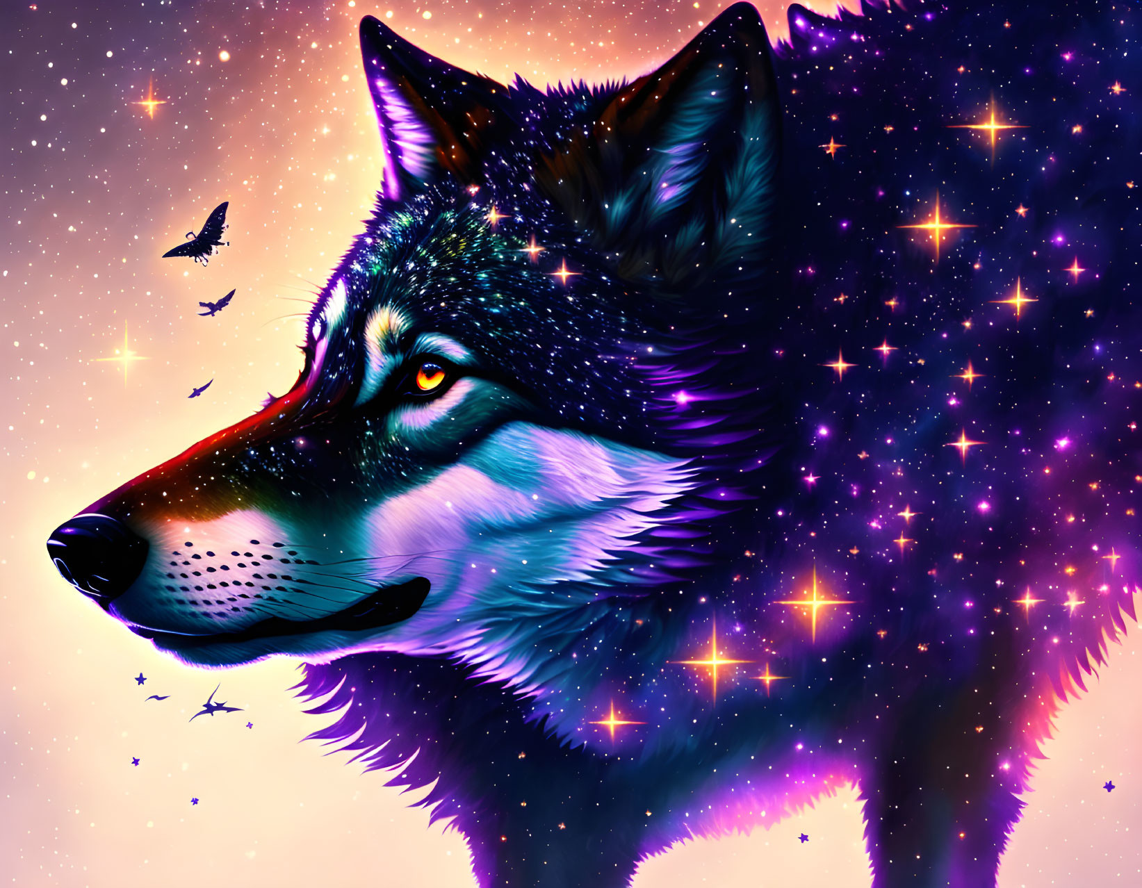 Colorful cosmic wolf with stars and nebula patterns in fur on purple-pink space backdrop