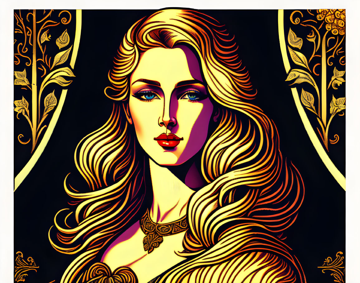 Woman with flowing hair in Art Nouveau style, gold and black color contrast