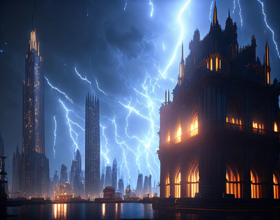 Gothic-style buildings in futuristic cityscape under stormy sky