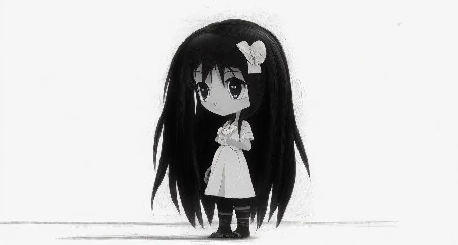 Monochrome drawing of cute anime girl with flower in hair standing crossed arms