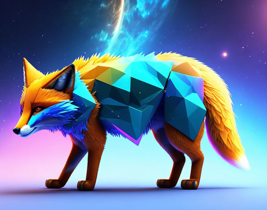 Realistic fox with geometric, cosmic body in digital art