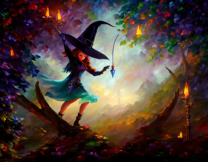 Colorful painting of witch with hat, wand, and crystal in lush setting