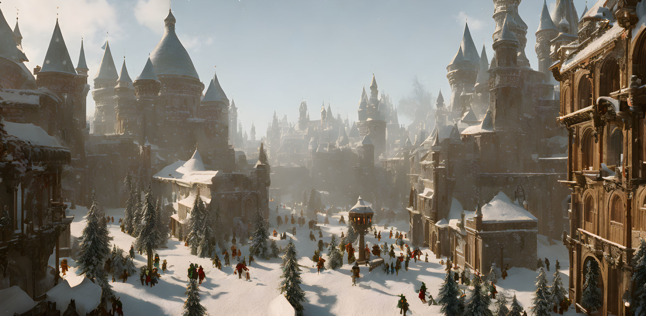 Medieval fantasy city in snow-covered wintry landscape