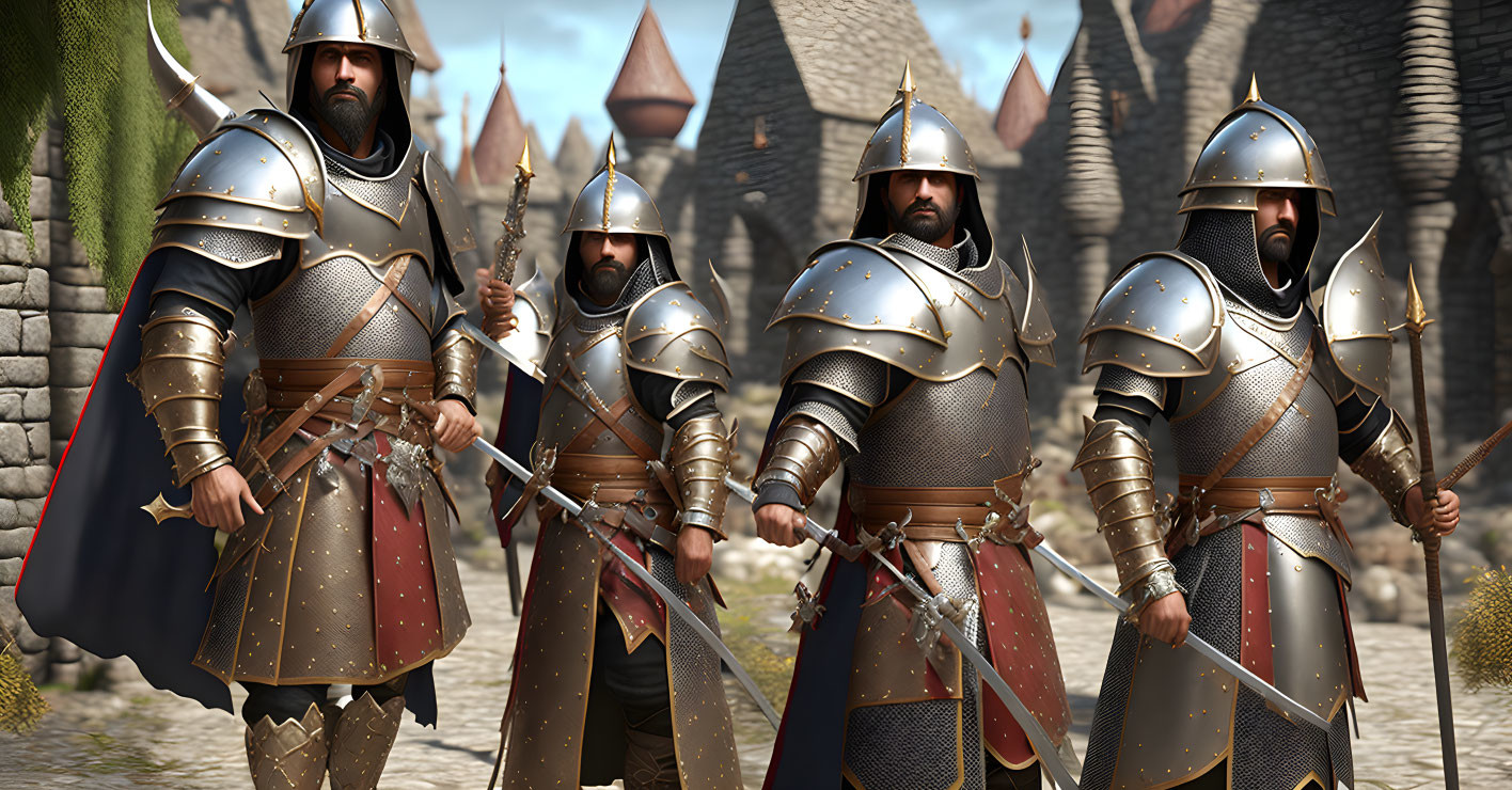 Four armored medieval knights with swords at castle