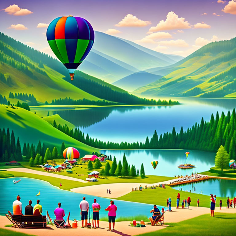 Colorful Hot Air Balloons Over Lakeside Recreational Scene