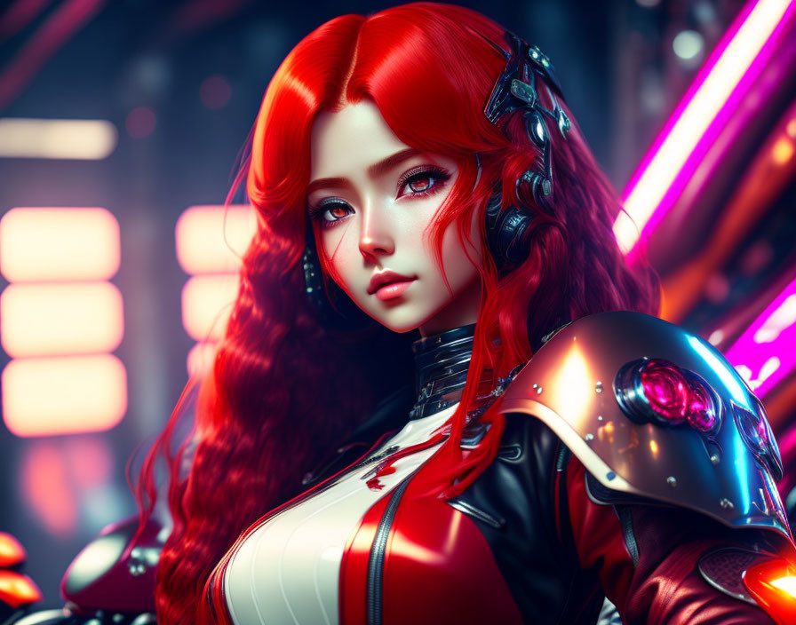 Digital Artwork: Female with Red Hair in Futuristic Armor on Neon-lit Background