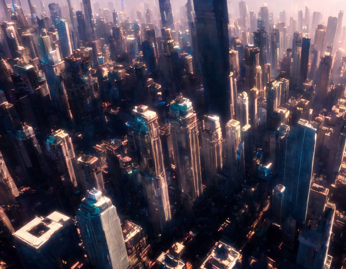 Futuristic cityscape with towering skyscrapers in warm light