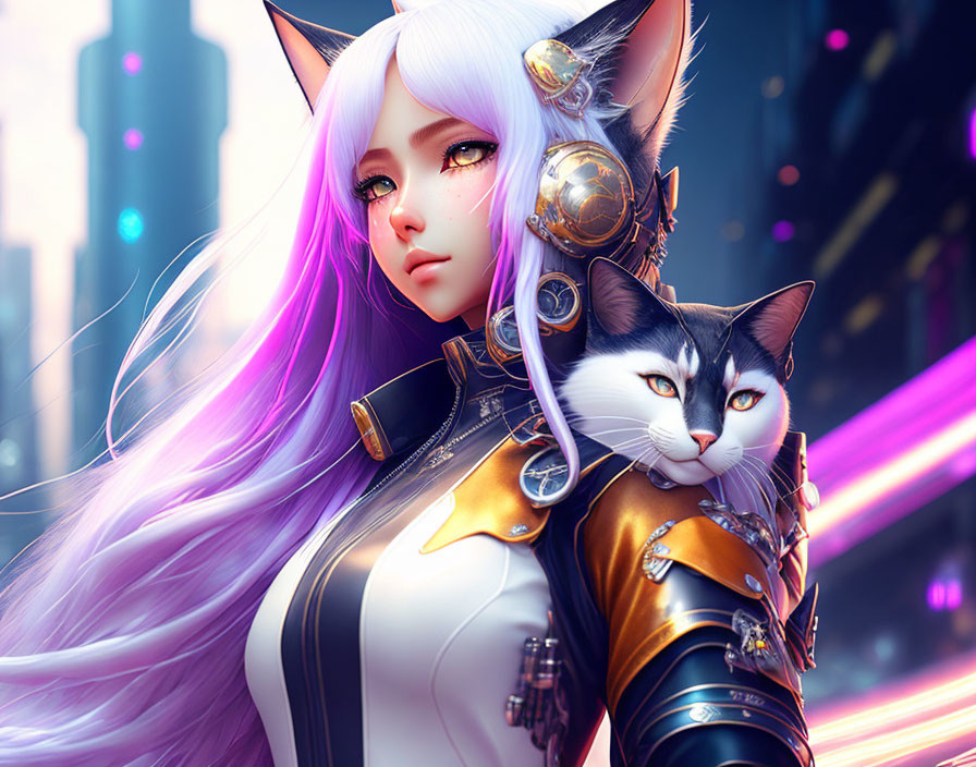 Futuristic digital artwork of female character with cat ears and purple hair holding a cat in neon city