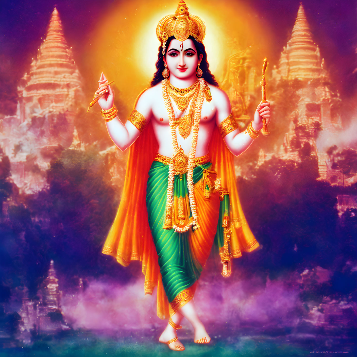 Illustration of Lord Vishnu with four arms in mystical temple backdrop