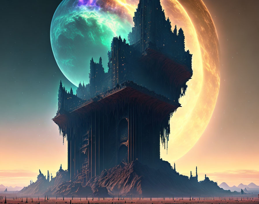 Fantastical landscape with dark spire, giant planet, and moon in dusk sky