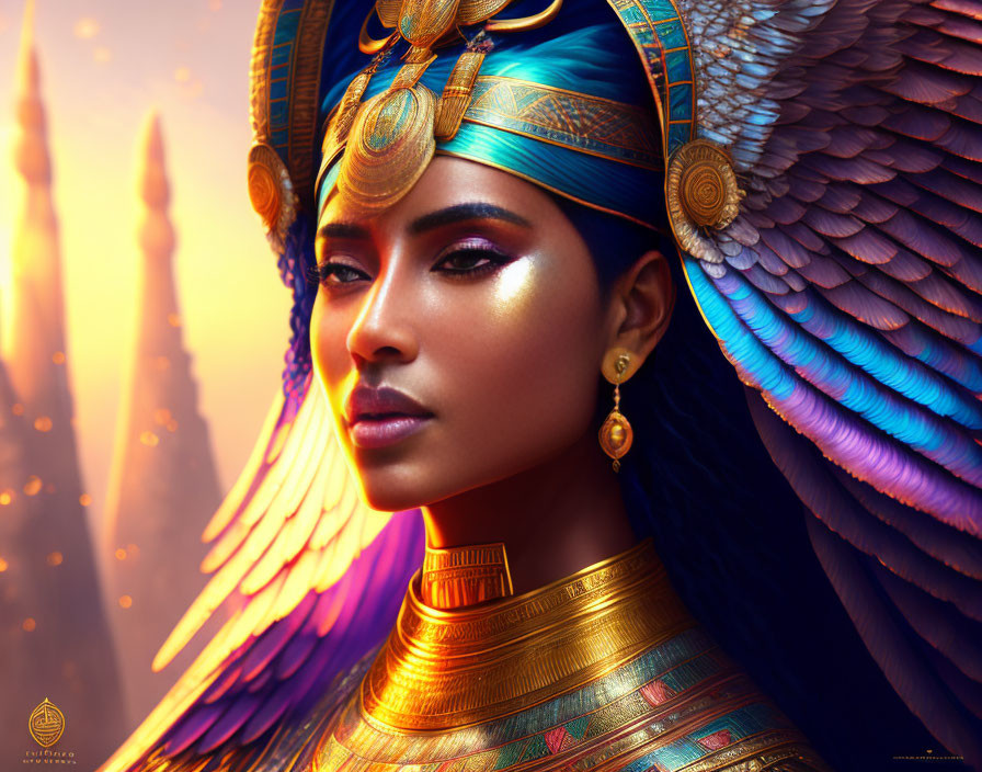 Digital Artwork: Woman with Golden Accessories, Winged Headdress & Colorful Wings