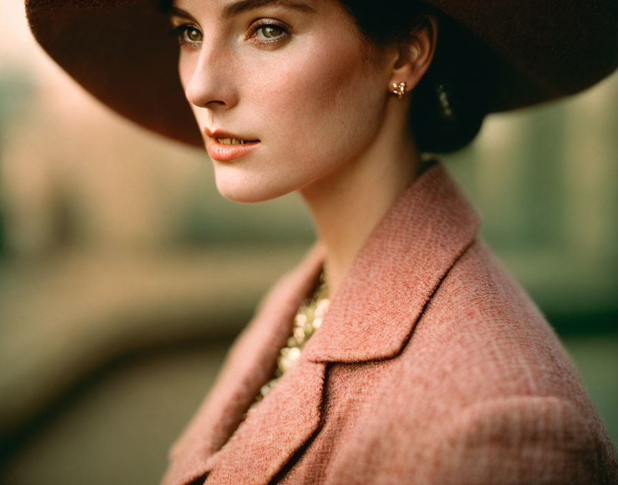 Vintage Pink Coat & Large Hat Woman with Subtle Makeup & Pearl Earrings