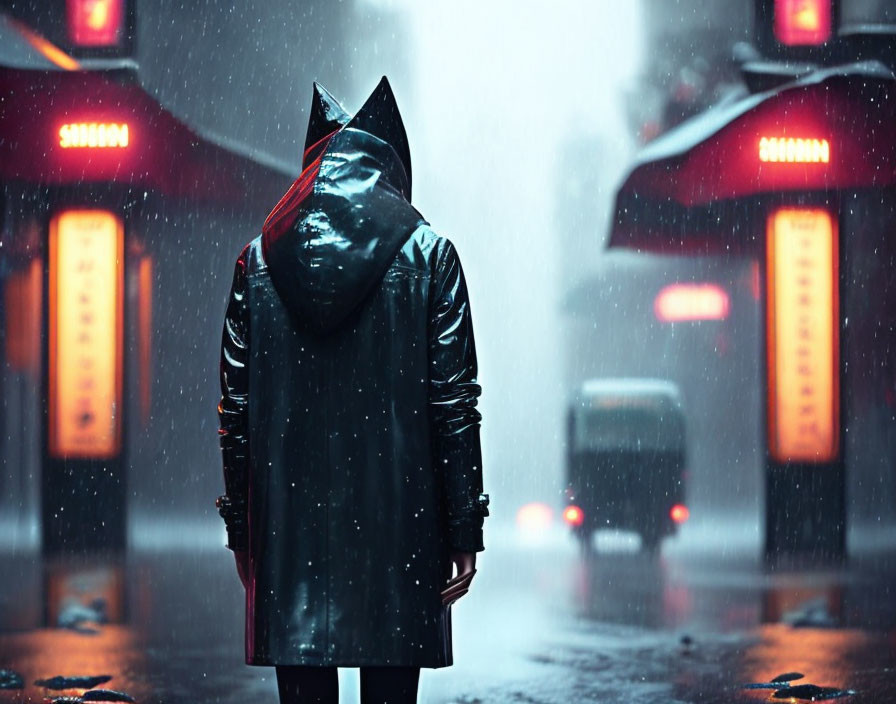 Person in Black Raincoat Standing in Night Rainlit by Red Street Lamps