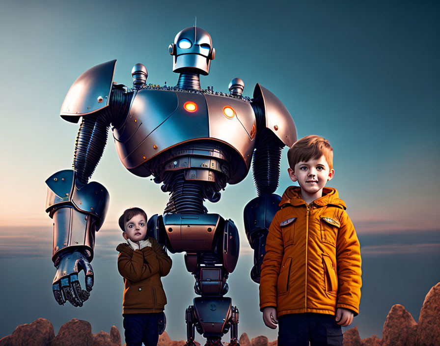 Young boy in yellow jacket with detailed robot under twilight sky