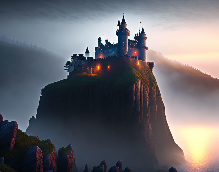 Majestic castle on cliff at dusk with glowing lights