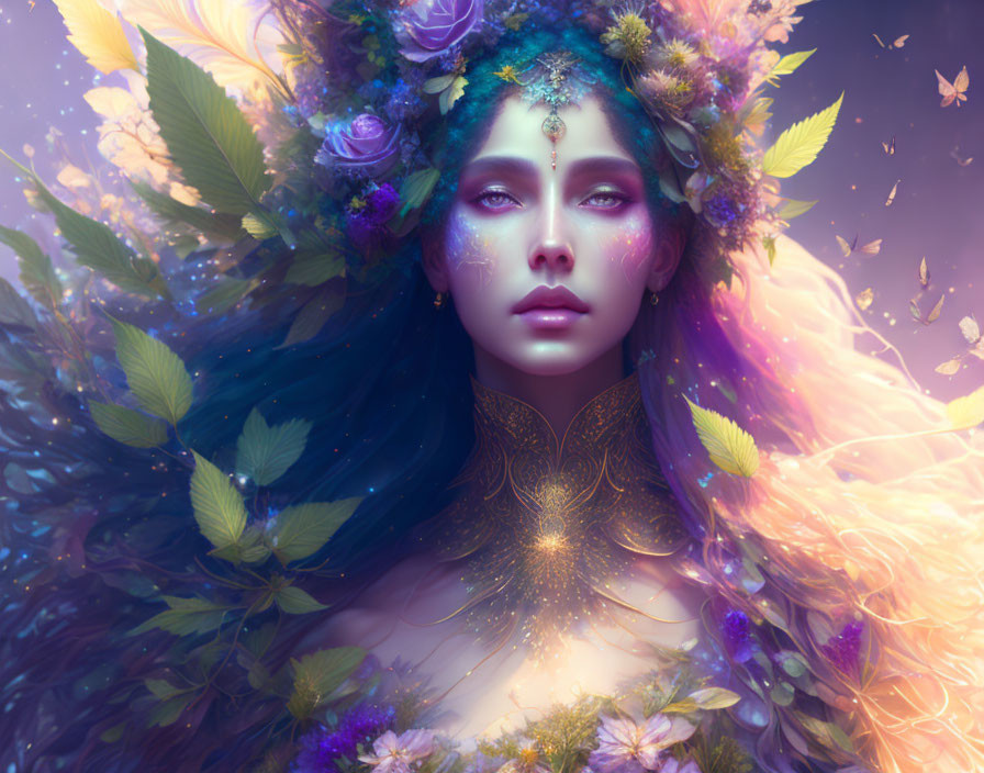 Fantastical portrait of woman with floral hair, vibrant makeup, butterflies.