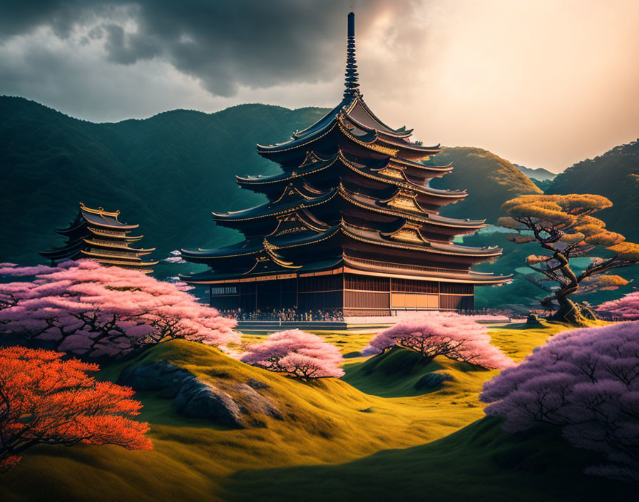 Traditional multi-tiered pagoda in vibrant foliage under dramatic sky