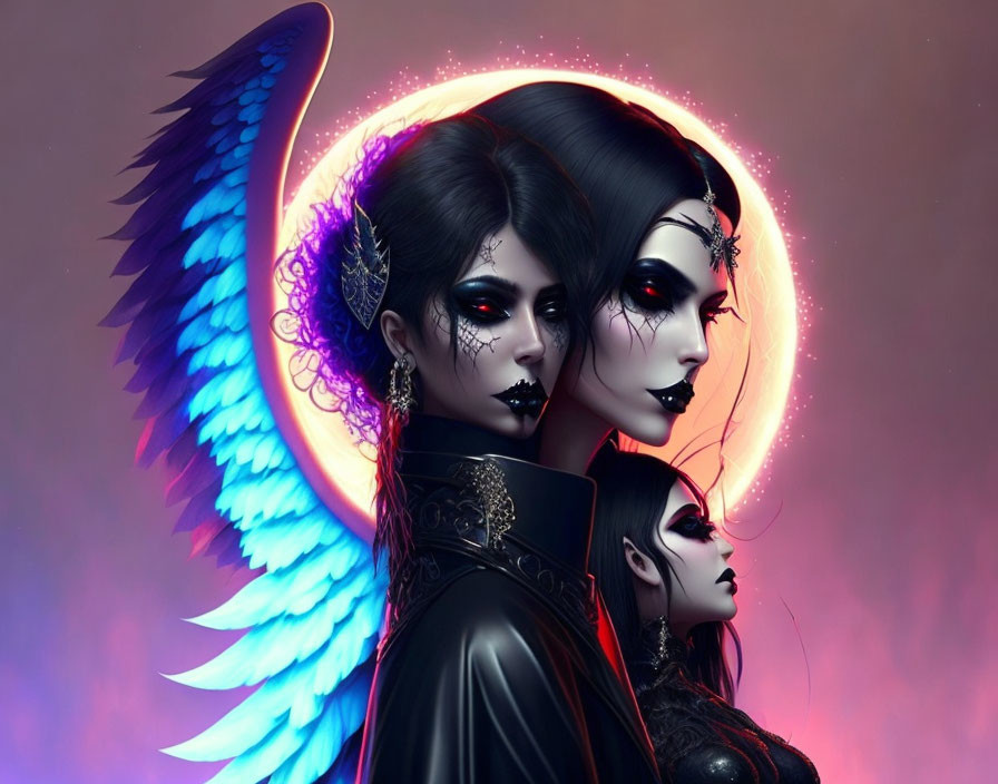 Stylized gothic female figures with dark attire and neon blue accents