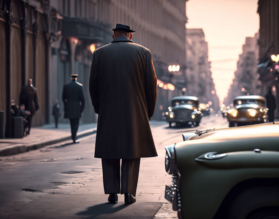 Man in coat and hat on vintage car-lined street from mid-20th century