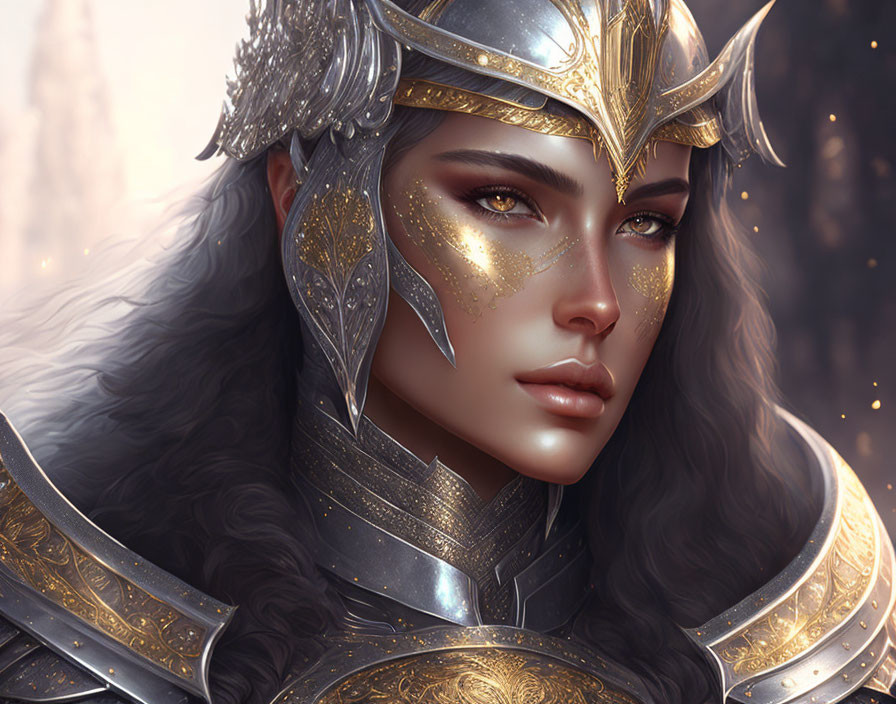 Female warrior fantasy illustration with ornate silver and gold armor and striking facial features.