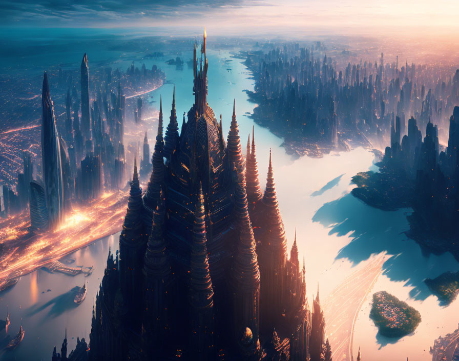 Futuristic twilight cityscape with glowing spires and river