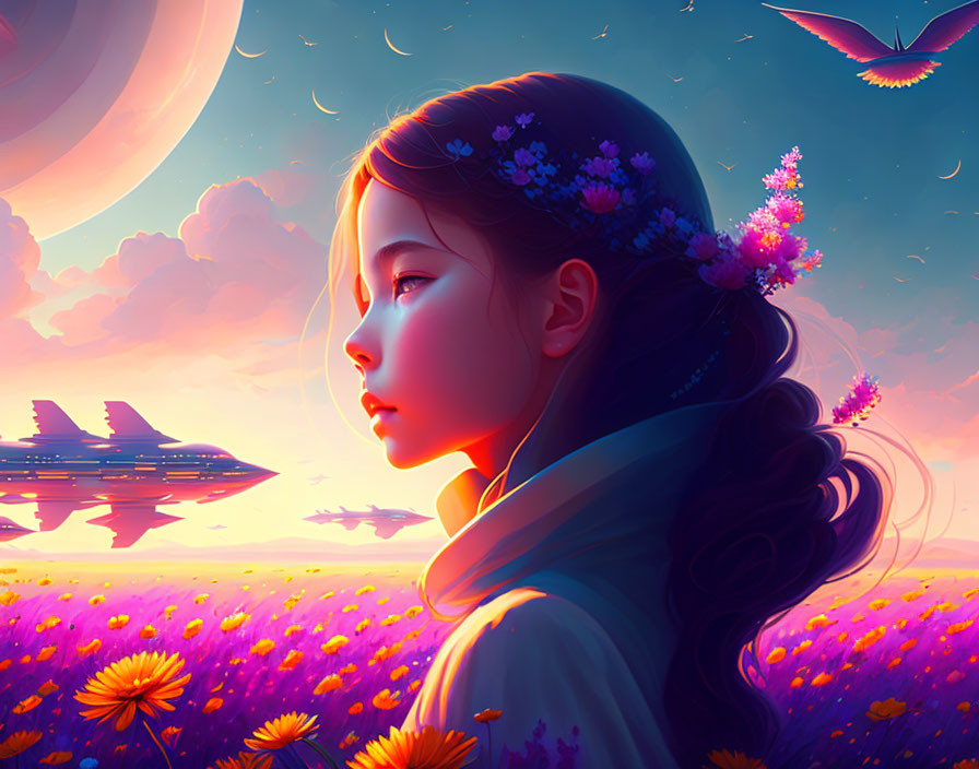 Girl with flowers in hair, sunset, flying ships, butterflies, dandelion field, large moon