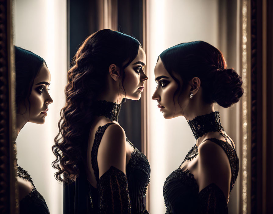 Elegant woman in black lace dress admiring reflection in mirror