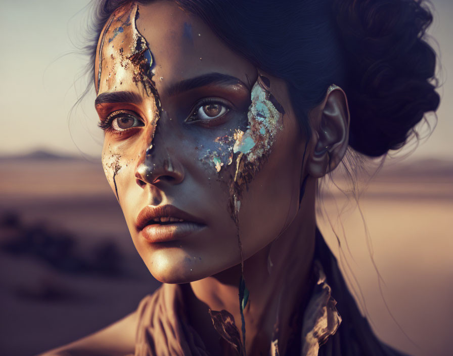 Woman with peeling paint makeup in desert dusk setting