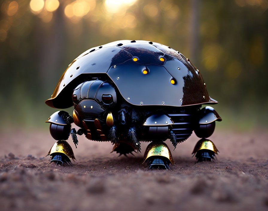 Black and Gold Mechanical Beetle on Dirt Path at Twilight