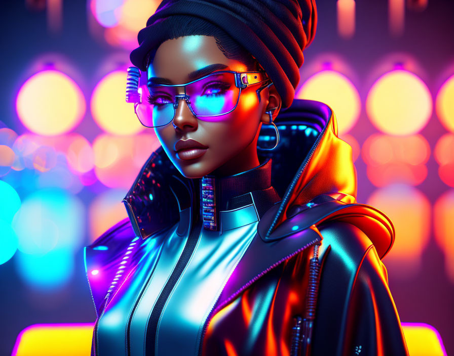 Futuristic digital art: woman with glasses in neon lights