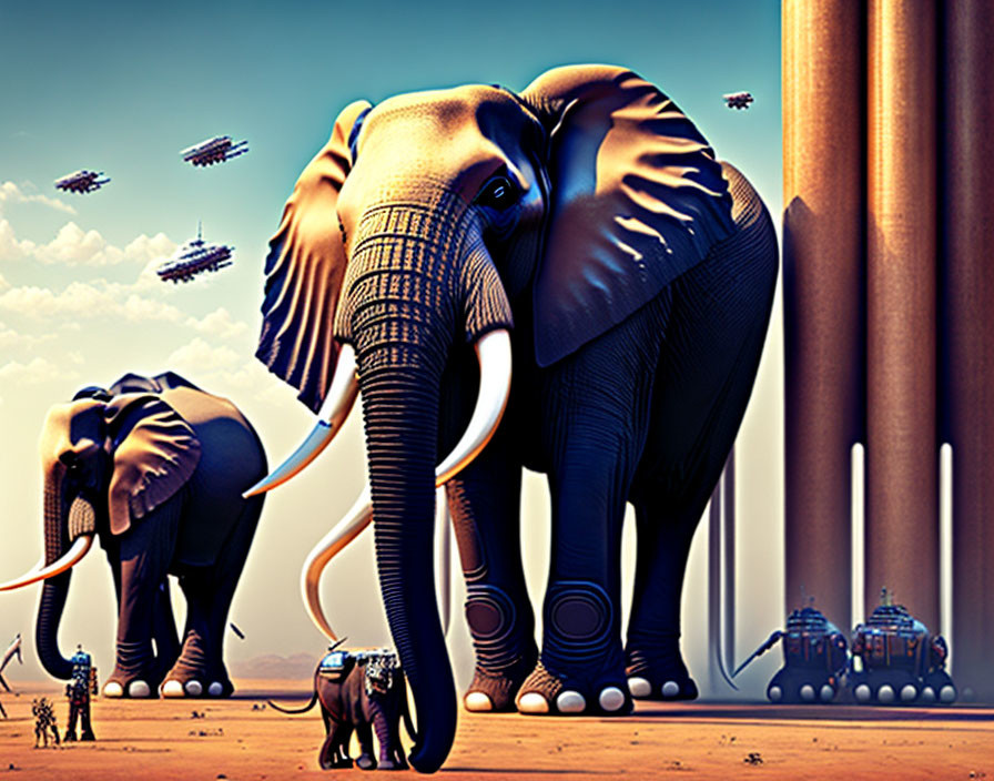 Surreal desert landscape with oversized elephants, futuristic structures, and flying crafts