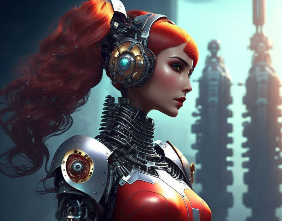 Vibrant red-haired female cyborg in futuristic setting