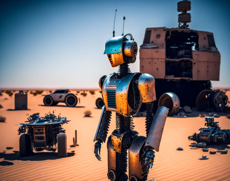 Retro humanoid robot in desert landscape with derelict machinery