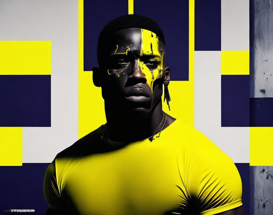 Person with yellow face paint against yellow and blue background in yellow top