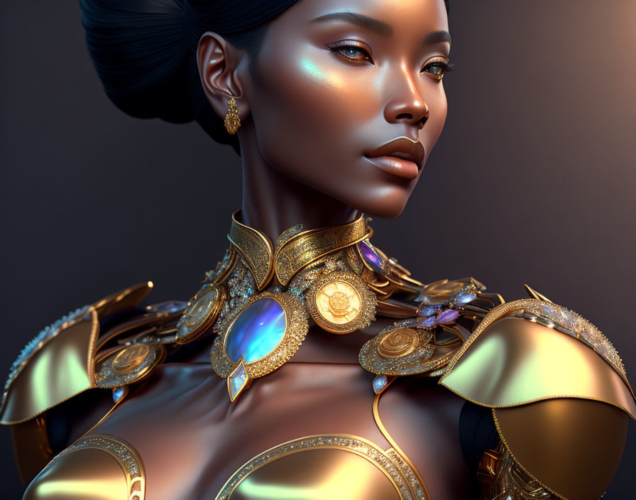 Detailed 3D-rendered woman with golden jewelry and armor