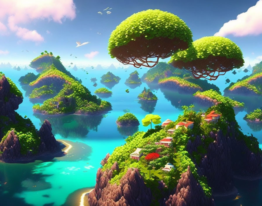 Fantasy landscape with floating islands, lush greenery, whimsical trees, and small houses above a