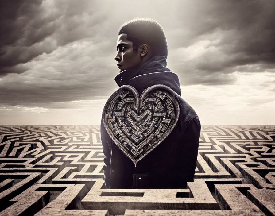 Elaborate heart-shaped labyrinth design on person's back against cloudy sky