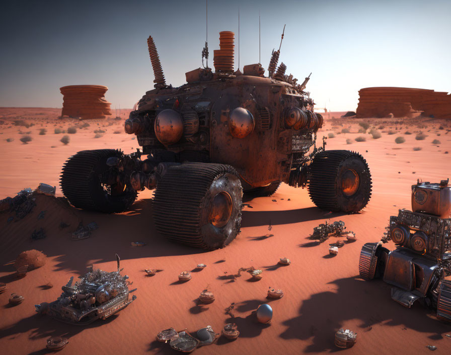 Large-tired futuristic vehicles on Mars-like desert landscape