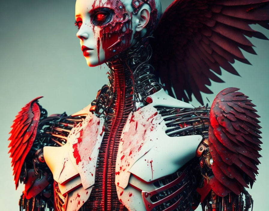 Cyborg with Red Wings and Mechanical Body: Detailed Humanoid Face with Intricate Red Splatters