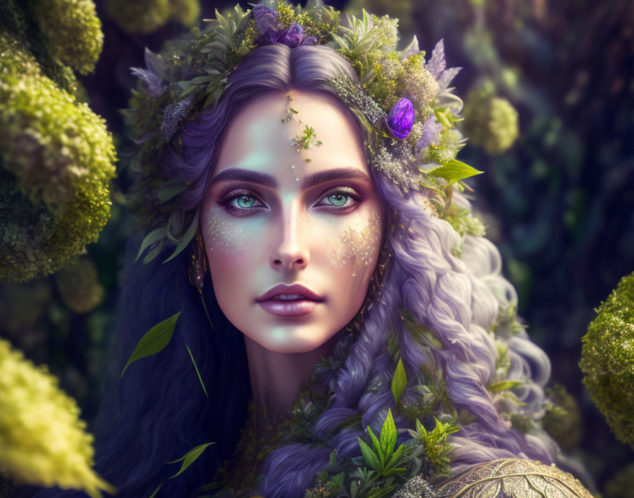 Fantasy digital art of woman with floral crown and lush green foliage