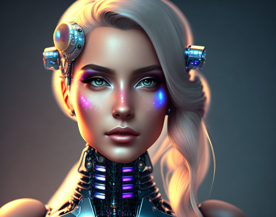 Futuristic female android with cybernetic body and glowing blue accents