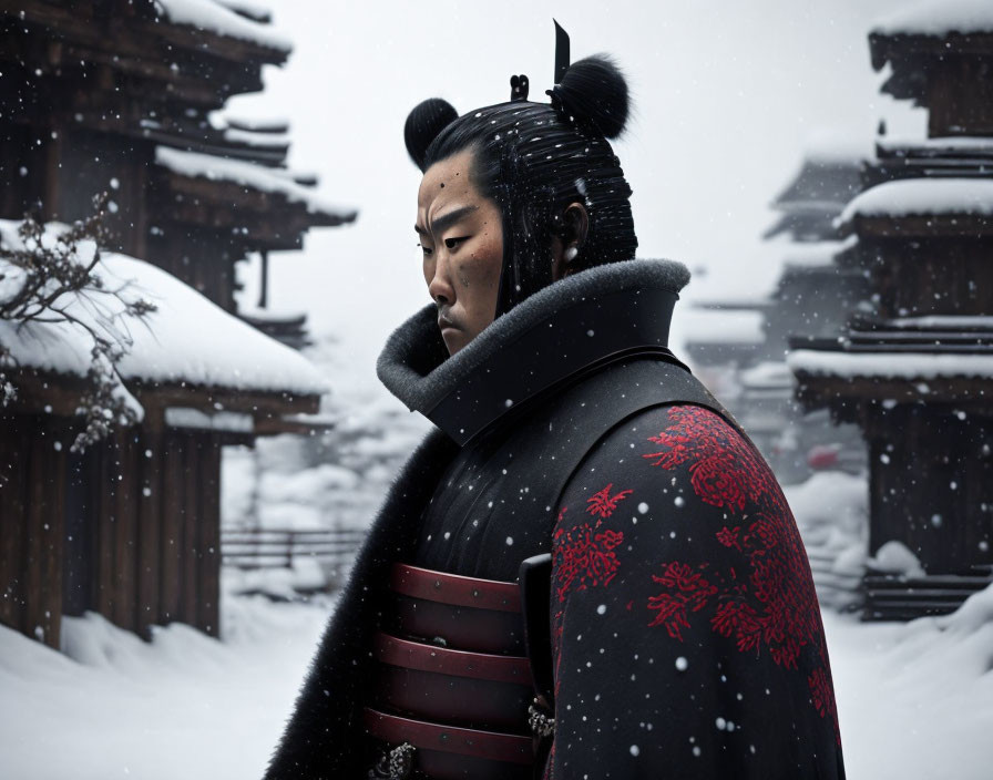 Samurai in Dark Armor Amidst Falling Snow and Japanese Buildings