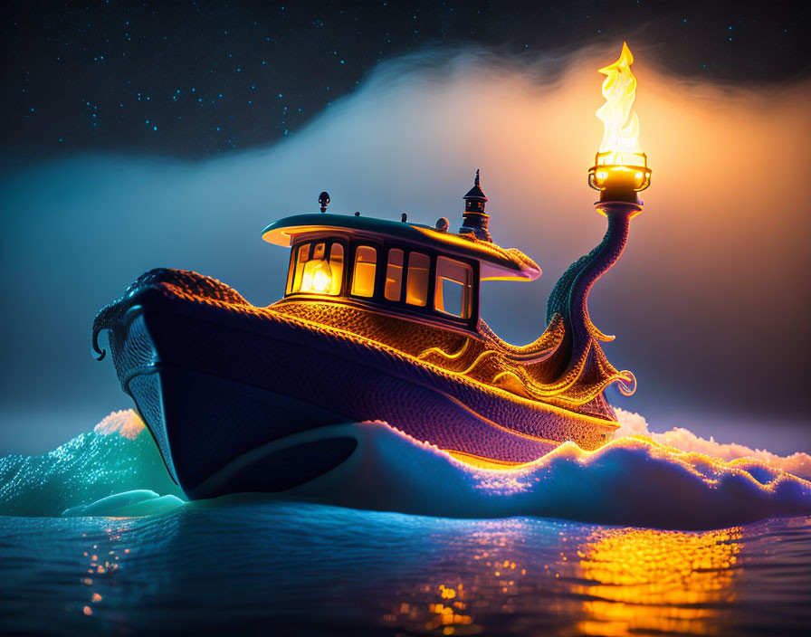 Glowing boat with torch flame sails in starry night sky